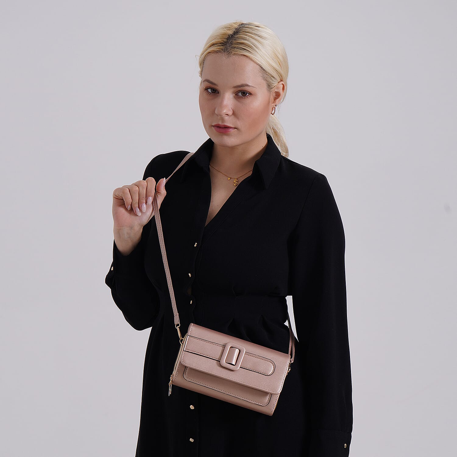 Champagne Faux Leather Crossbody Bag (7.87x1.97x4.72) with Adjustable Shoulder Strap