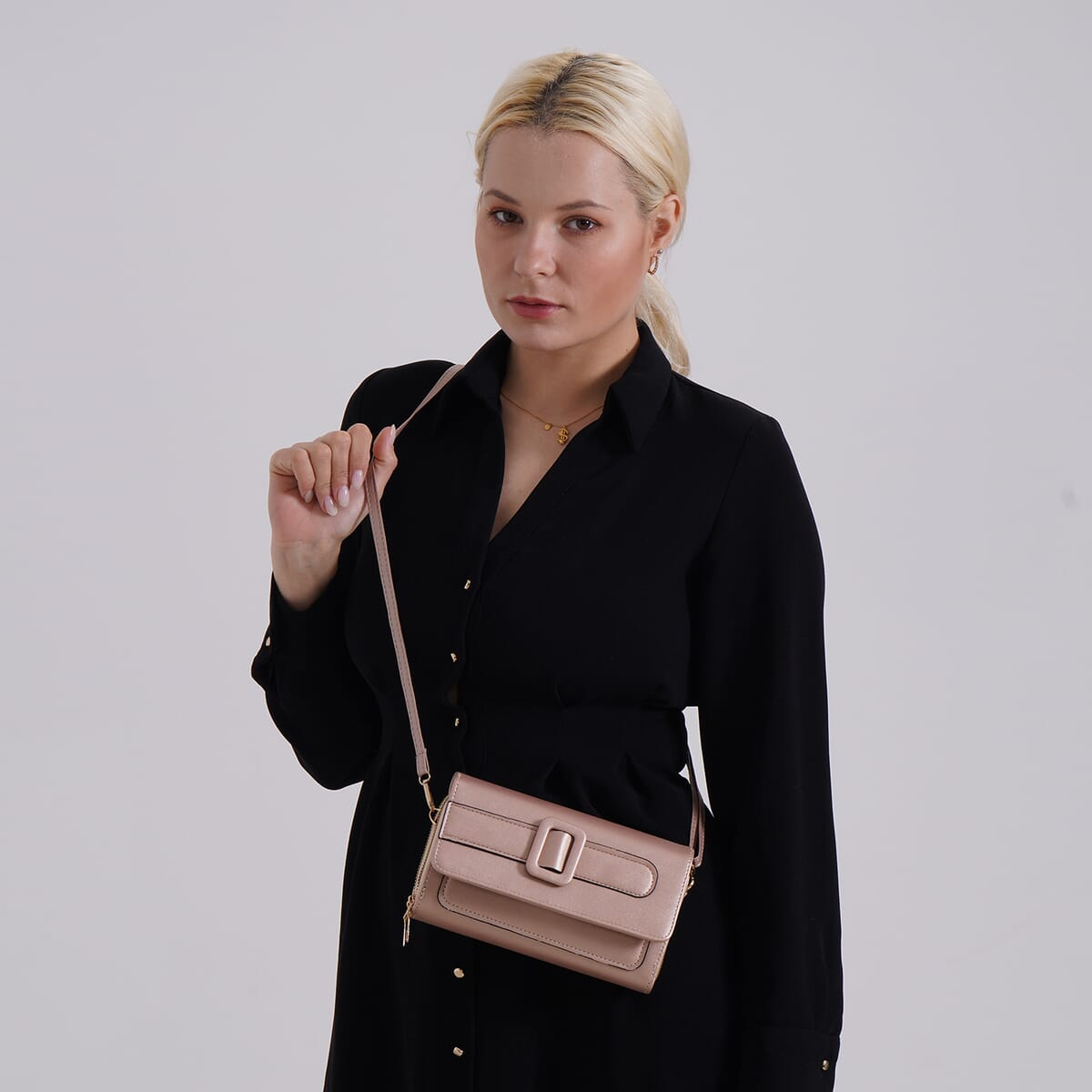Champagne Faux Leather Crossbody Bag (7.87x1.97x4.72) with Adjustable Shoulder Strap image number 1