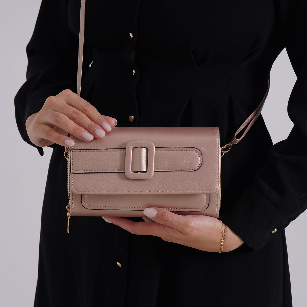 Champagne Faux Leather Crossbody Bag (7.87x1.97x4.72) with Adjustable Shoulder Strap image number 2