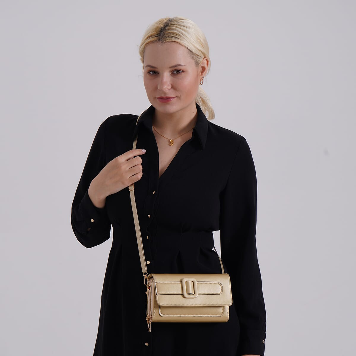 Gold Faux Leather Crossbody Bag (7.87x1.97x4.72) with Adjustable Shoulder Strap image number 1