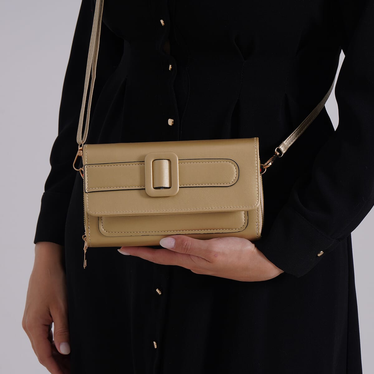 Gold Faux Leather Crossbody Bag (7.87x1.97x4.72) with Adjustable Shoulder Strap image number 2