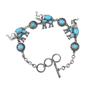 Indian Artisan Crafted Sleeping Beauty Turquoise 5.50 ctw Majestic Elephants Bracelet in Sterling Silver (6.50-8.0In)