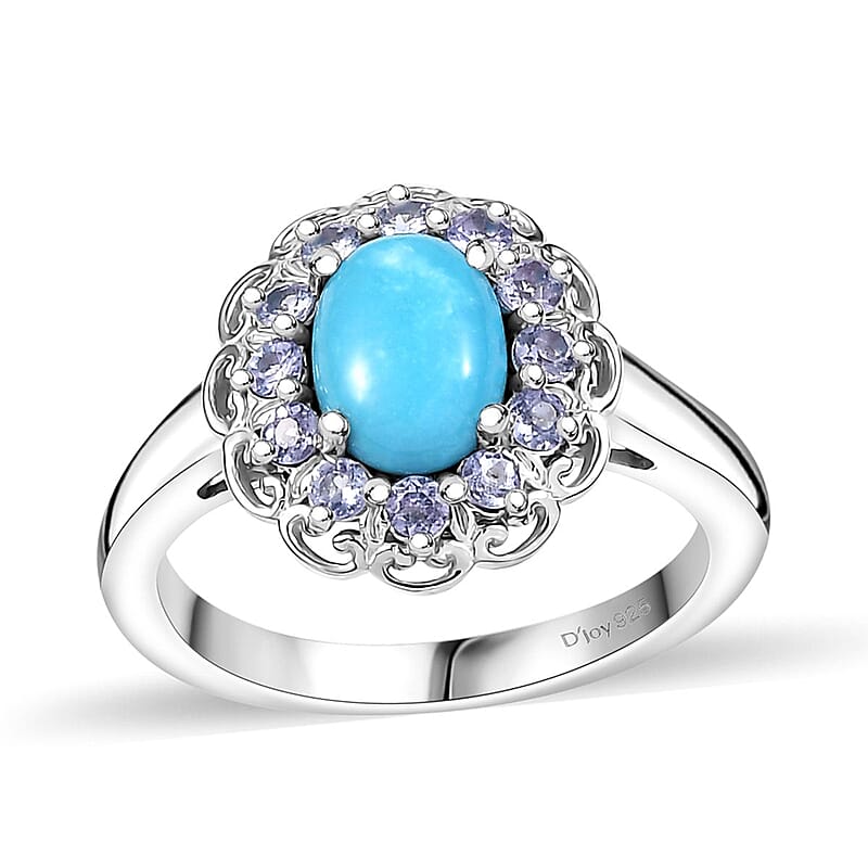 D'Joy Sleeping Beauty Turquoise and Tanzanite 1.50 ctw Azure Majesty Ring in Platinum Over Sterling Silver (Size 5.0)