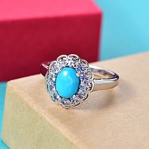 D'Joy Sleeping Beauty Turquoise and Tanzanite 1.50 ctw Azure Majesty Ring in Platinum Over Sterling Silver (Size 6.0)