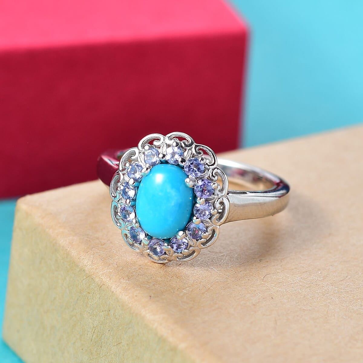 Sleeping Beauty Turquoise and Tanzanite 1.50 ctw Azure Majesty Ring in Platinum Over Sterling Silver (Size 8.0) image number 1