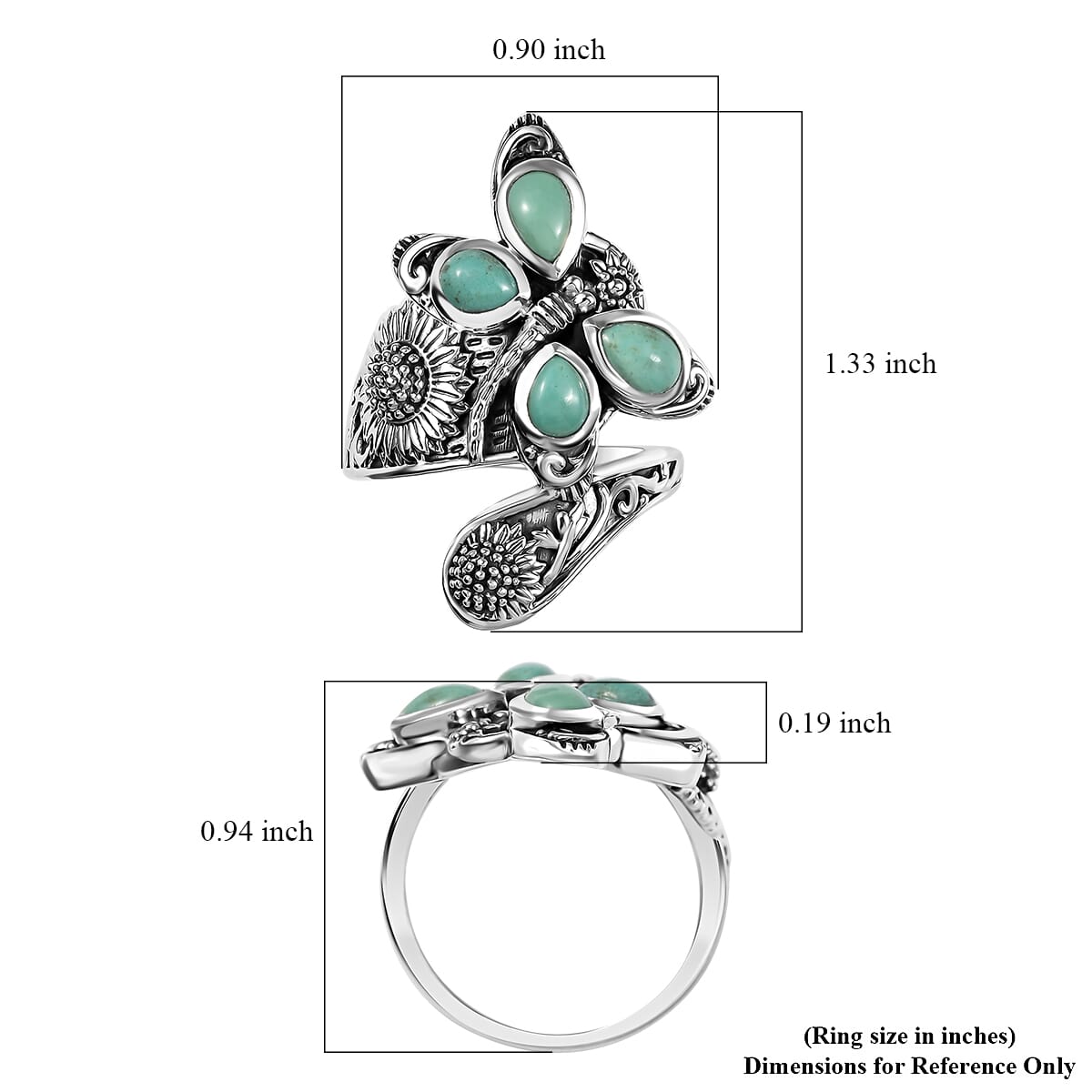 Indian Artisan Crafted Premium Sierra Nevada Turquoise 1.40 ctw Sunflower Butterfly Ring in Sterling Silver (Size 8.0) image number 5