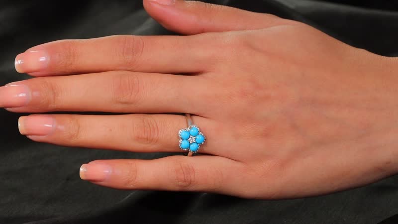 Sleeping Beauty Turquoise and White Zircon 1.50 ctw Flower Ring in Platinum Over Sterling Silver (Size 10.0)