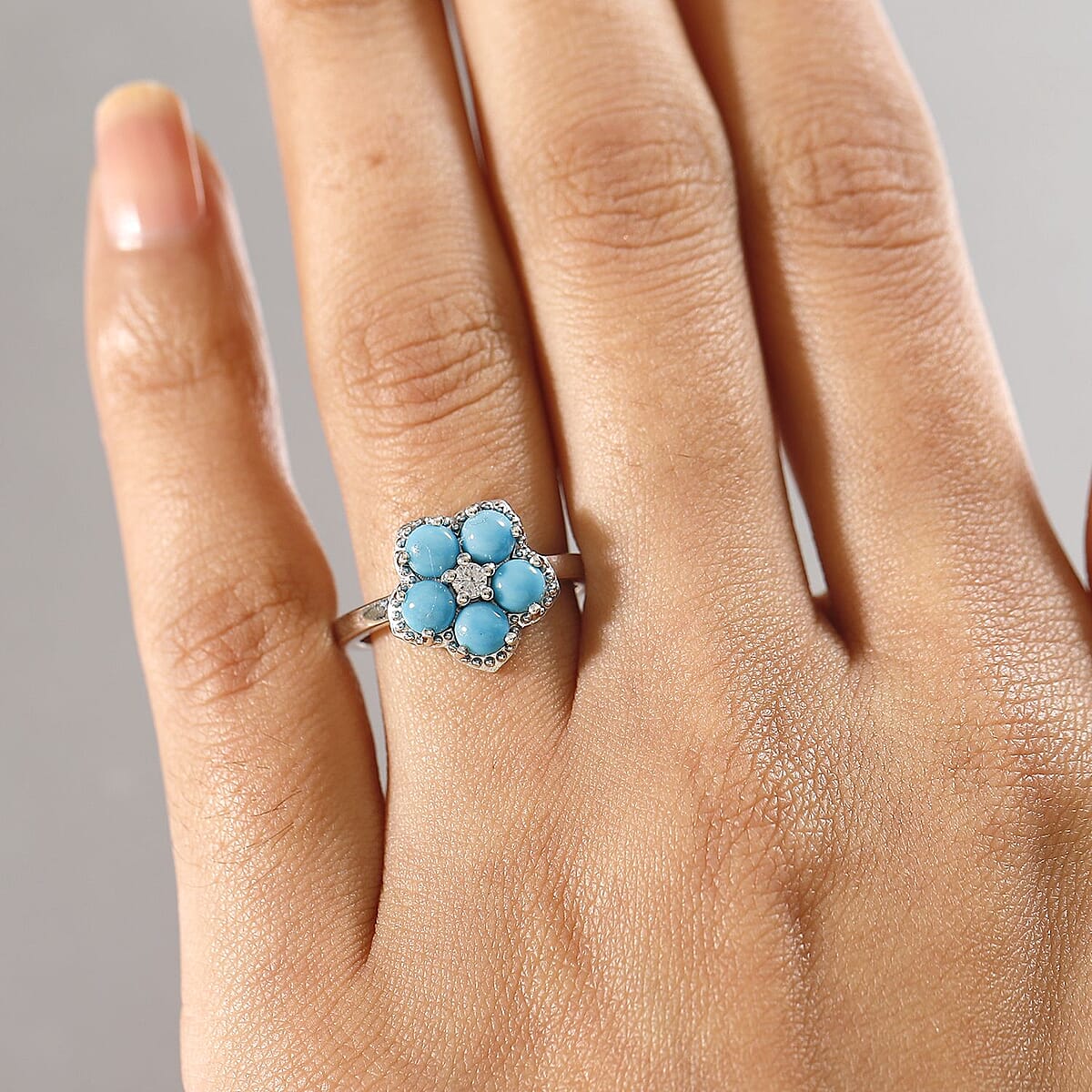 Sleeping Beauty Turquoise and White Zircon 1.50 ctw Flower Ring in Platinum Over Sterling Silver (Size 10.0) image number 2
