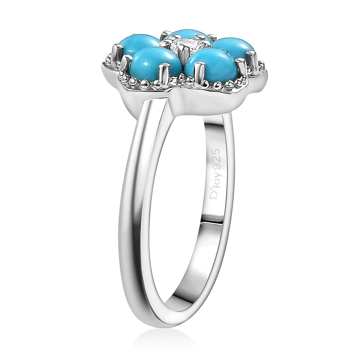 Sleeping Beauty Turquoise and White Zircon 1.50 ctw Flower Ring in Platinum Over Sterling Silver (Size 10.0) image number 3