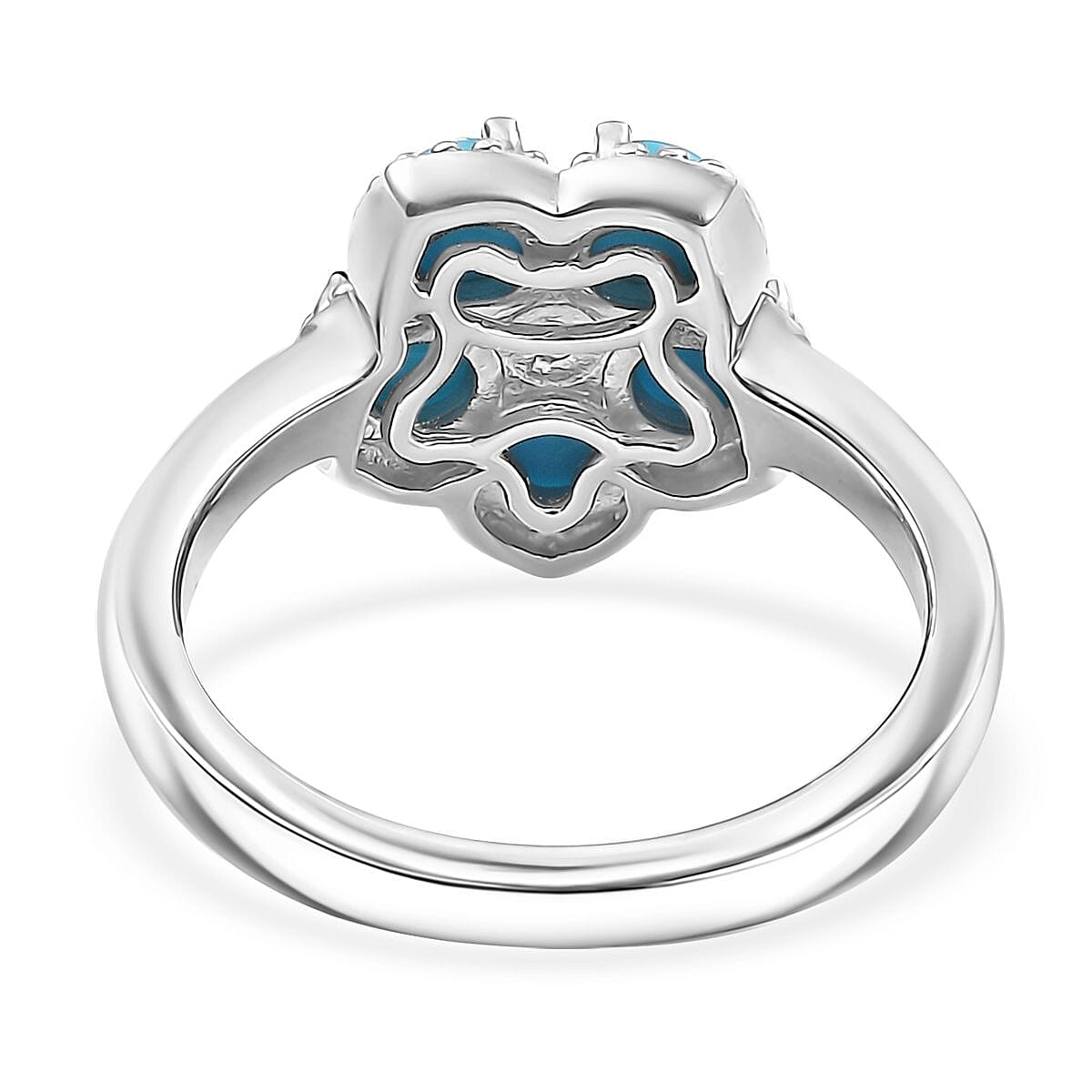 Sleeping Beauty Turquoise and White Zircon 1.50 ctw Flower Ring in Platinum Over Sterling Silver (Size 10.0) image number 4