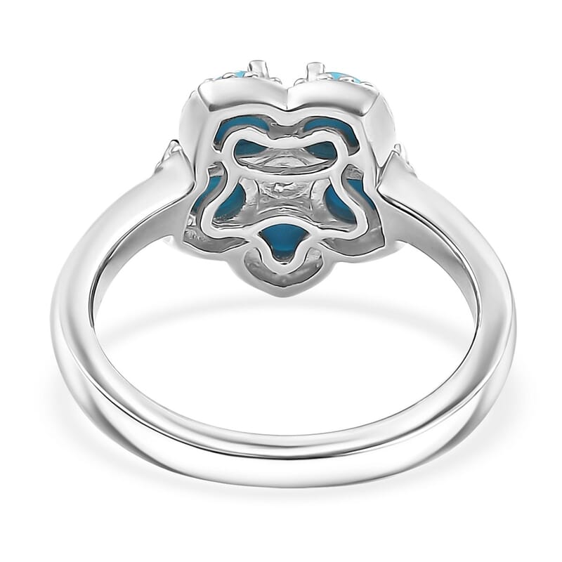 D'Joy Sleeping Beauty Turquoise and White Zircon 1.50 ctw Flower Ring in Platinum Over Sterling Silver (Size 10.0)