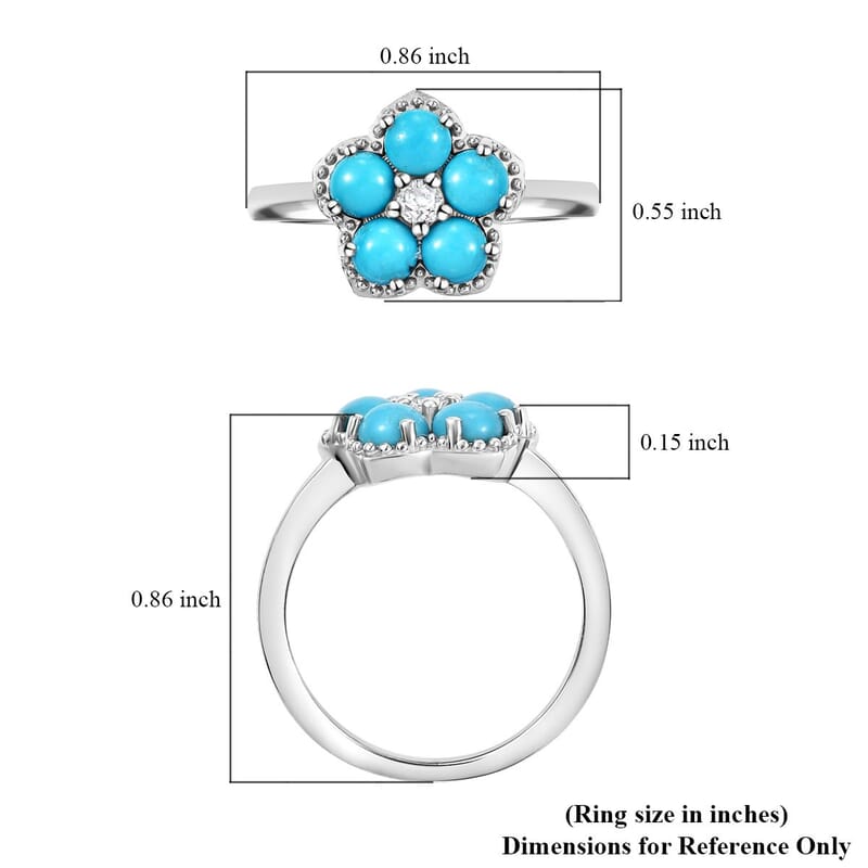 D'Joy Sleeping Beauty Turquoise and White Zircon 1.50 ctw Flower Ring in Platinum Over Sterling Silver (Size 10.0)