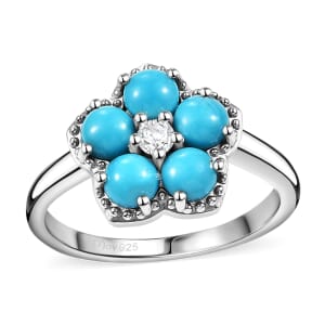 Sleeping Beauty Turquoise and White Zircon 1.50 ctw Flower Ring in Platinum Over Sterling Silver (Size 9.0)