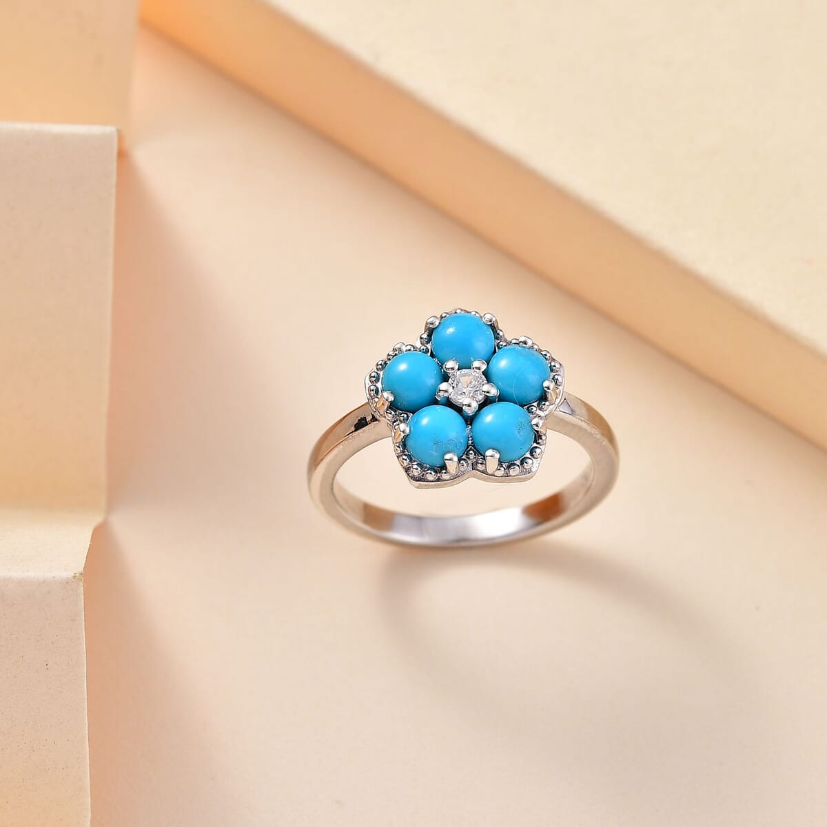 Sleeping Beauty Turquoise and White Zircon 1.50 ctw Flower Ring in Platinum Over Sterling Silver (Size 9.0) image number 1
