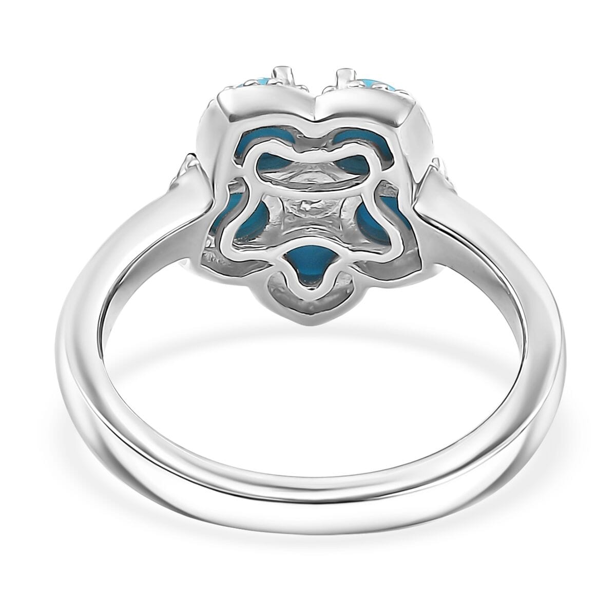 Sleeping Beauty Turquoise and White Zircon 1.50 ctw Flower Ring in Platinum Over Sterling Silver (Size 9.0) image number 4