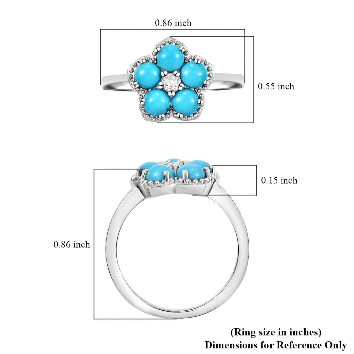 Sleeping Beauty Turquoise and White Zircon 1.50 ctw Flower Ring in Platinum Over Sterling Silver (Size 9.0) image number 5