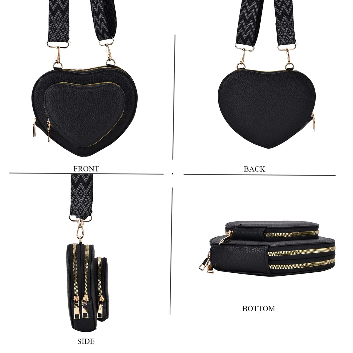 Black Heart Shape Faux Leather Crossbody Bag with Adjustable Shoulder Strap image number 3