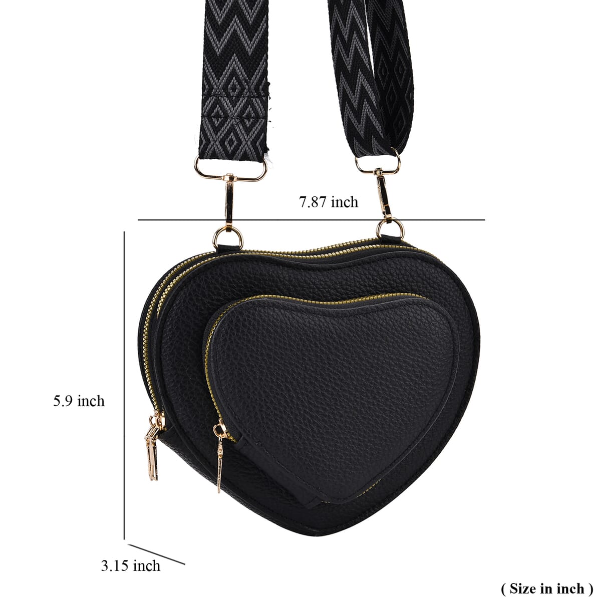 Black Heart Shape Faux Leather Crossbody Bag with Adjustable Shoulder Strap image number 6