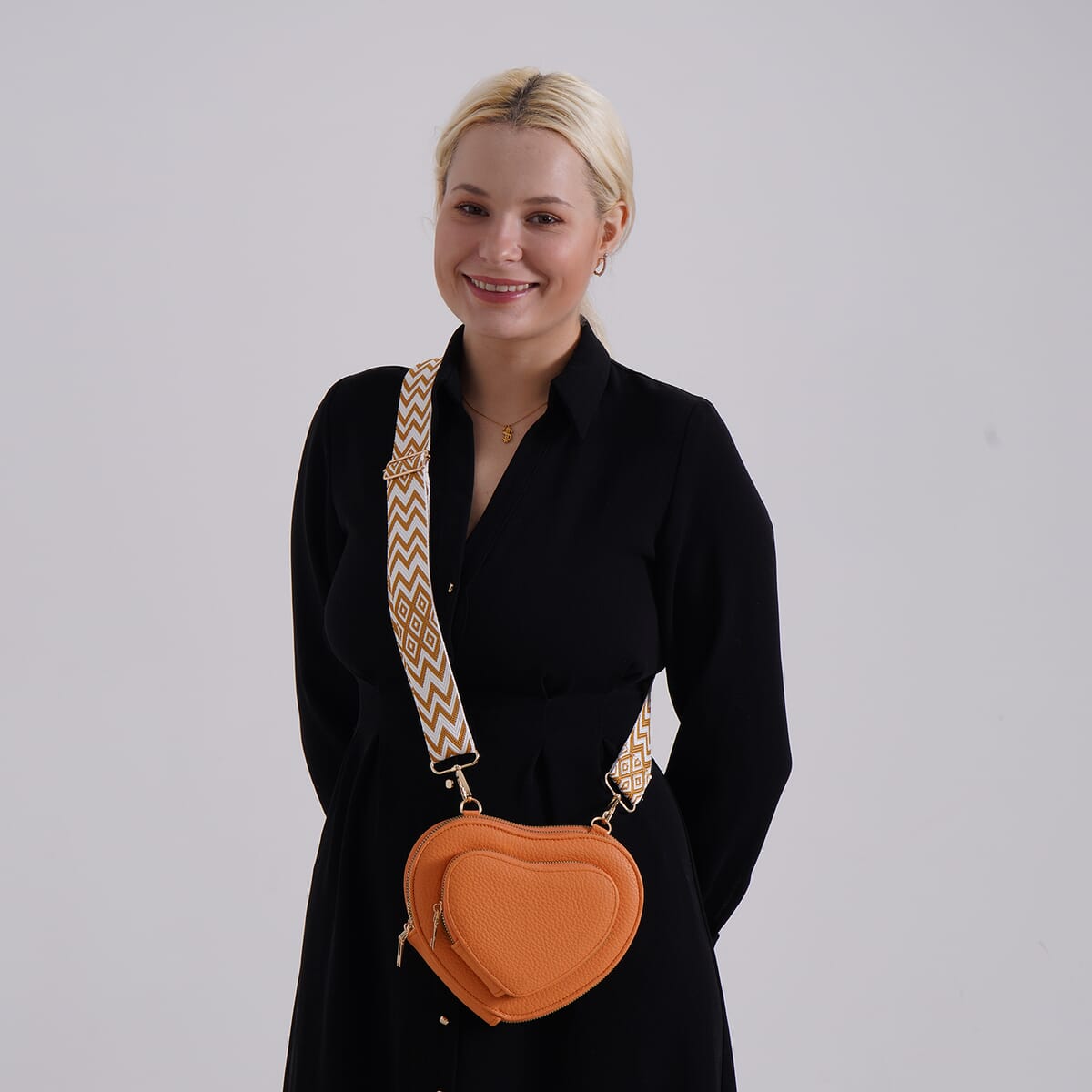 Orange Heart Shape Faux Leather Crossbody Bag with Adjustable Shoulder Strap image number 1