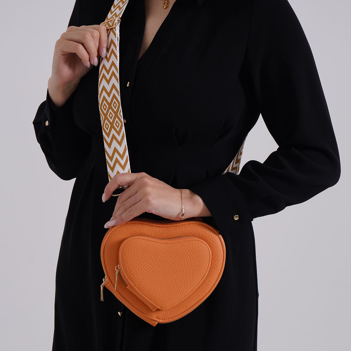 Orange Heart Shape Faux Leather Crossbody Bag with Adjustable Shoulder Strap image number 2
