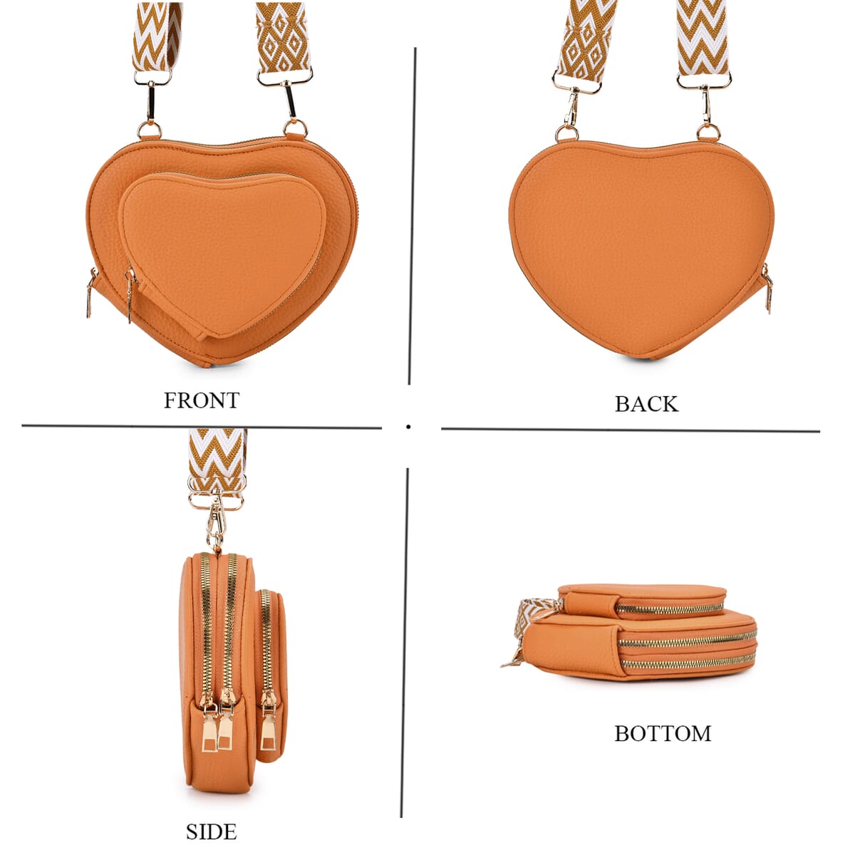 Orange Heart Shape Faux Leather Crossbody Bag with Adjustable Shoulder Strap image number 3
