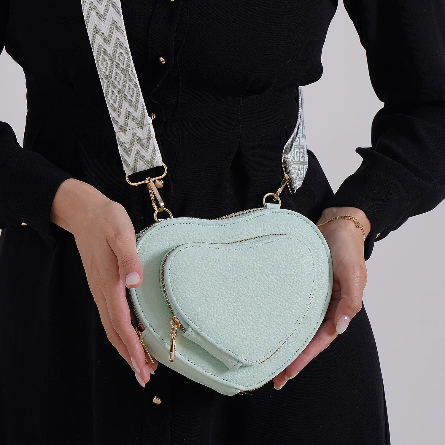 Mint Green Heart Shape Faux Leather Crossbody Bag with Adjustable Shoulder Strap