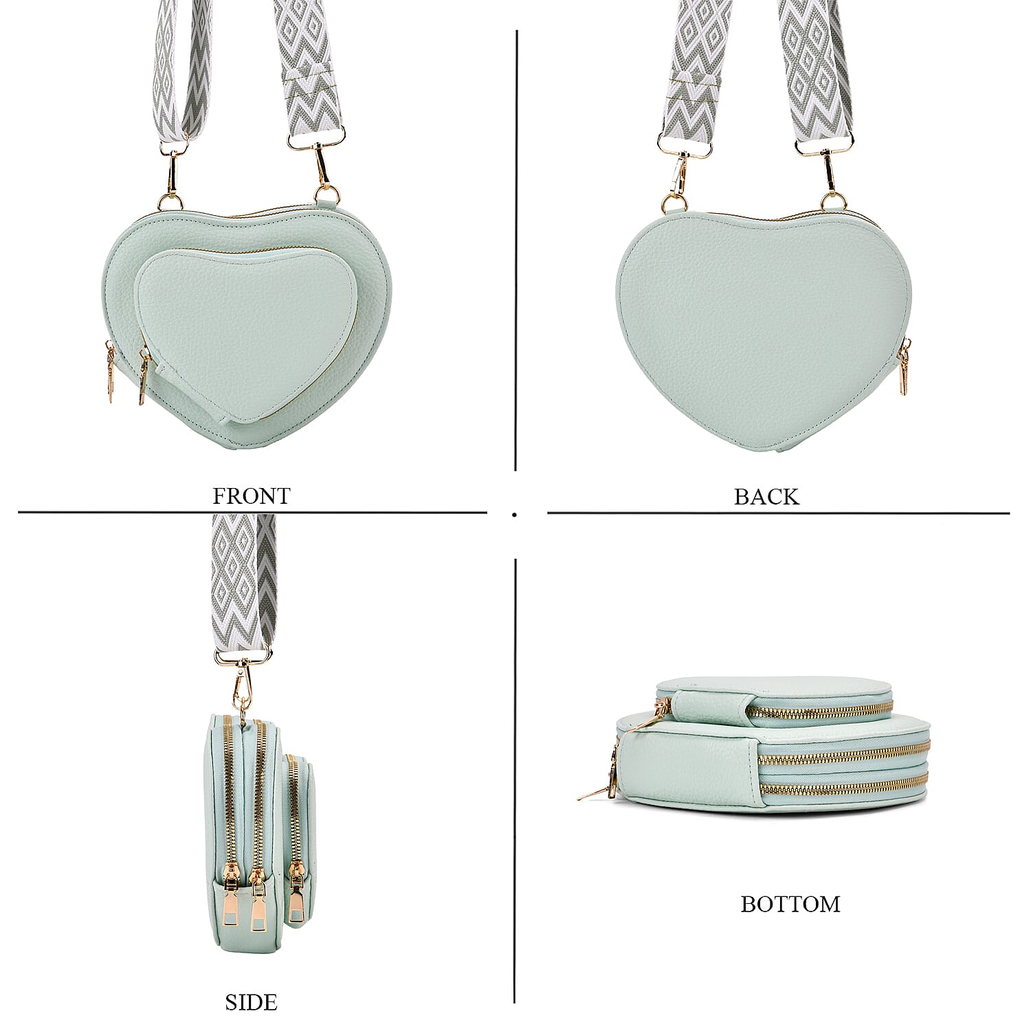 Mint Green Heart Shape Faux Leather Crossbody Bag with Adjustable Shoulder Strap
