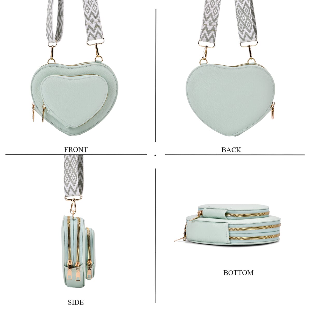 Mint Green Heart Shape Faux Leather Crossbody Bag with Adjustable Shoulder Strap image number 3
