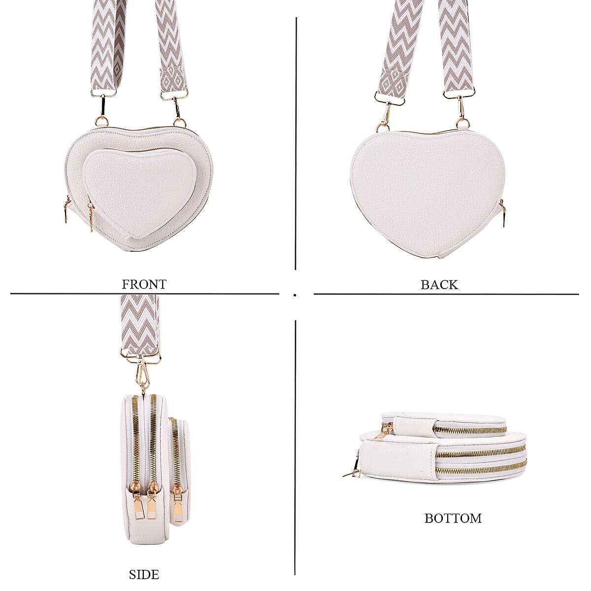 White Heart Shape Faux Leather Crossbody Bag with Adjustable Shoulder Strap image number 3