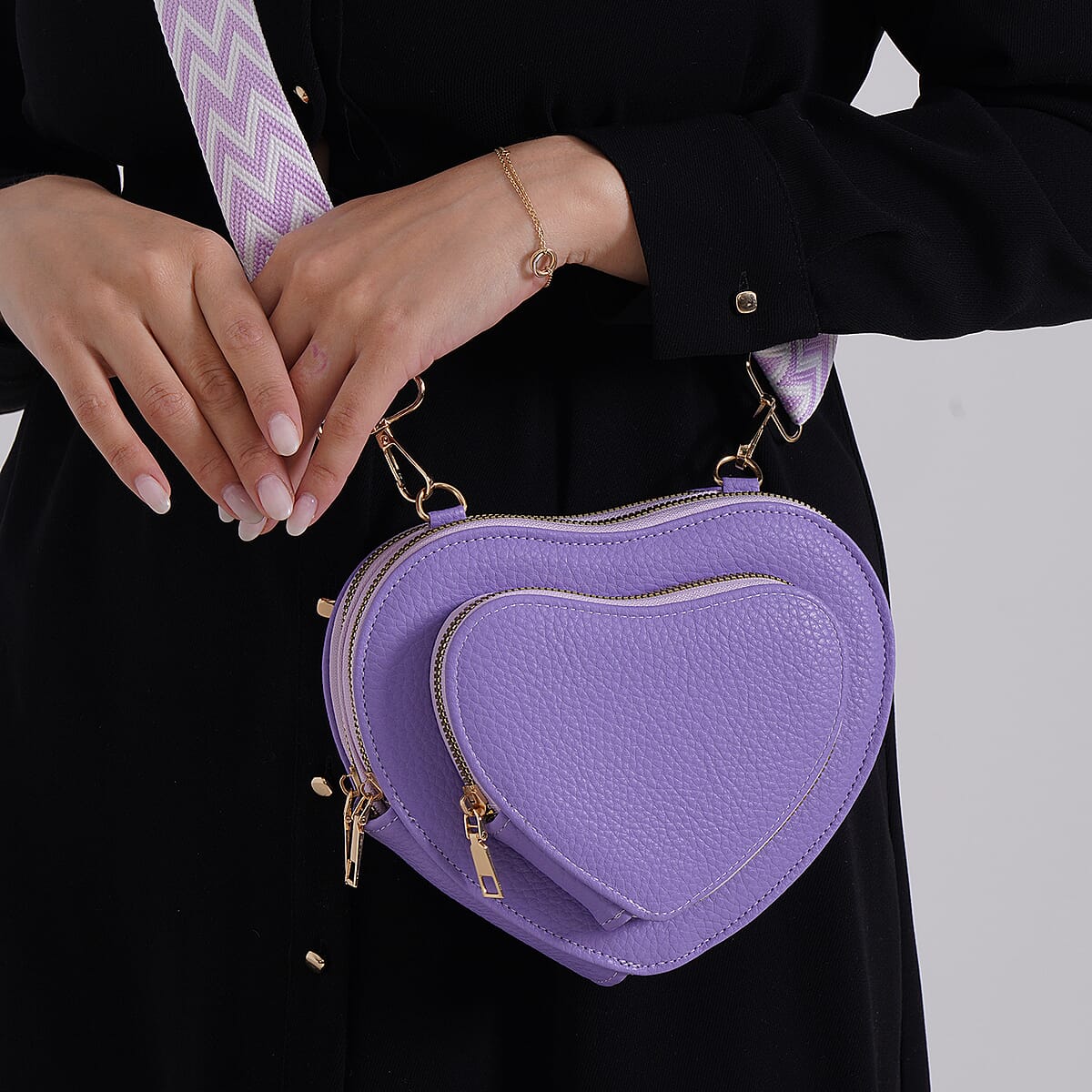 Purple Heart Shape Faux Leather Crossbody Bag with Adjustable Shoulder Strap image number 2