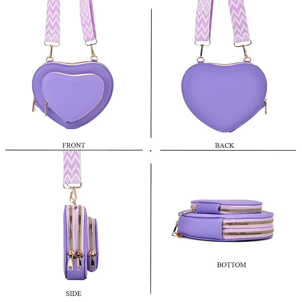 Purple Heart Shape Faux Leather Crossbody Bag with Adjustable Shoulder Strap image number 3