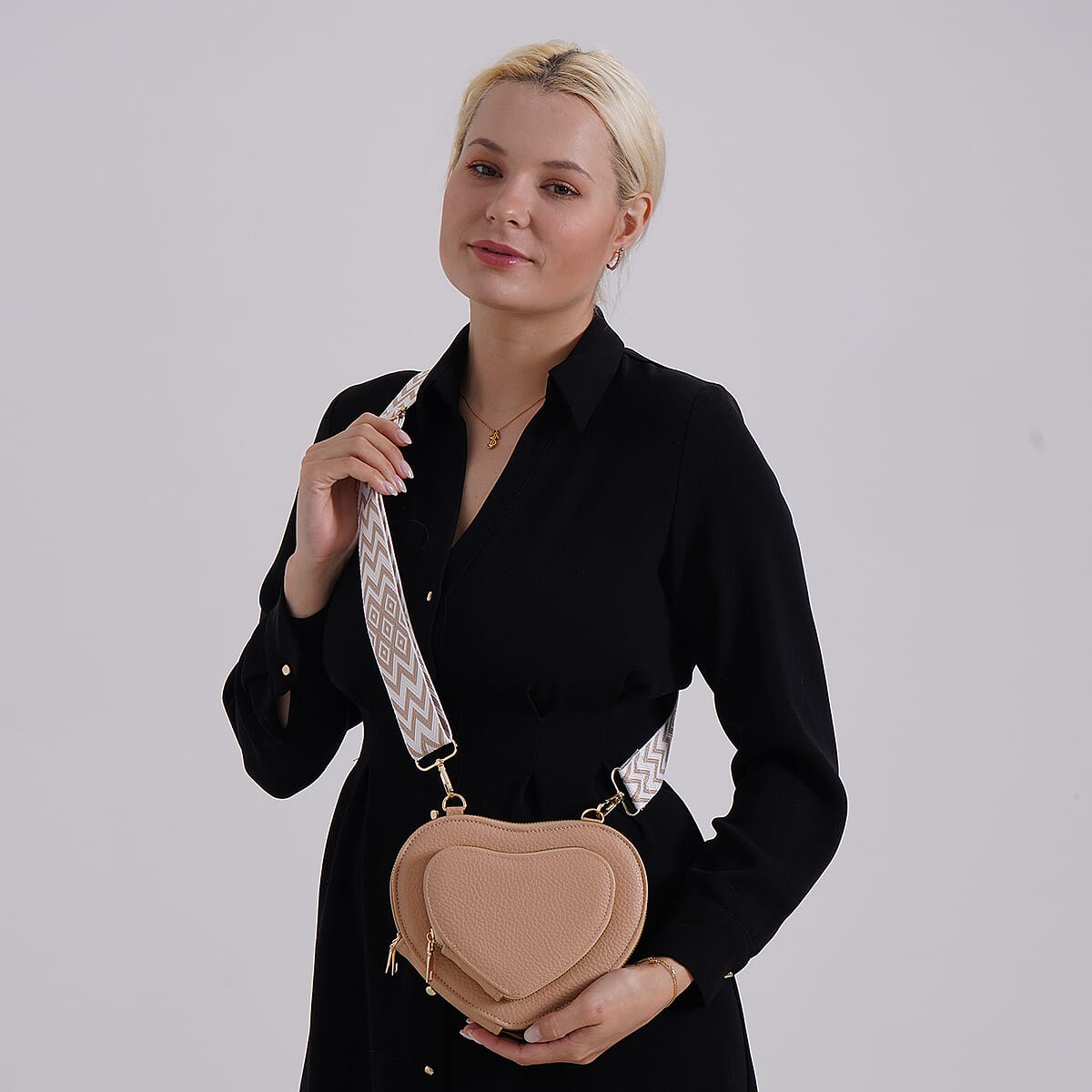 Khaki Heart Shape Faux Leather Crossbody Bag with Adjustable Shoulder Strap image number 1