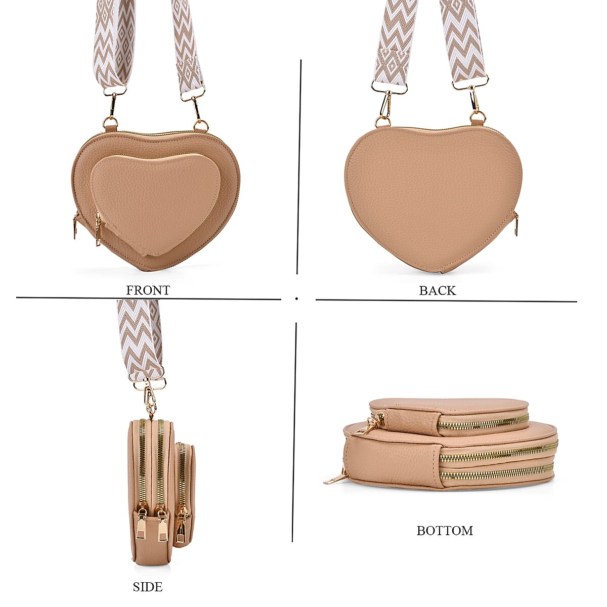 Khaki Heart Shape Faux Leather Crossbody Bag with Adjustable Shoulder Strap image number 3