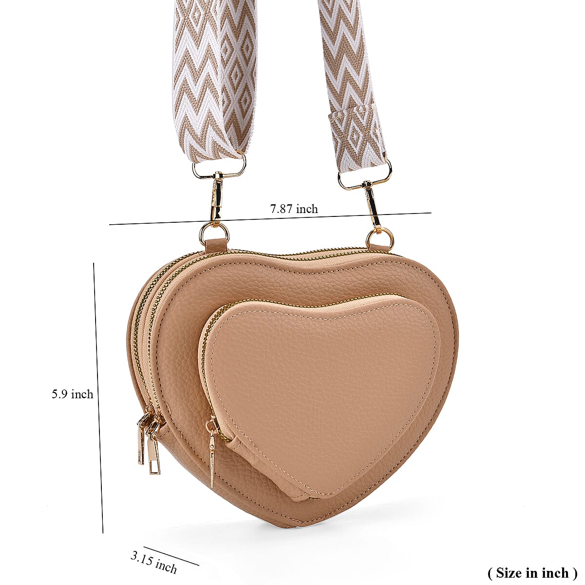 Khaki Heart Shape Faux Leather Crossbody Bag with Adjustable Shoulder Strap image number 6