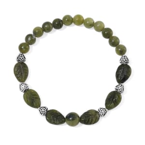 Connemara Marble 50.00 ctw Beaded and Carved Leaf Stretch Bracelet in Silvertone