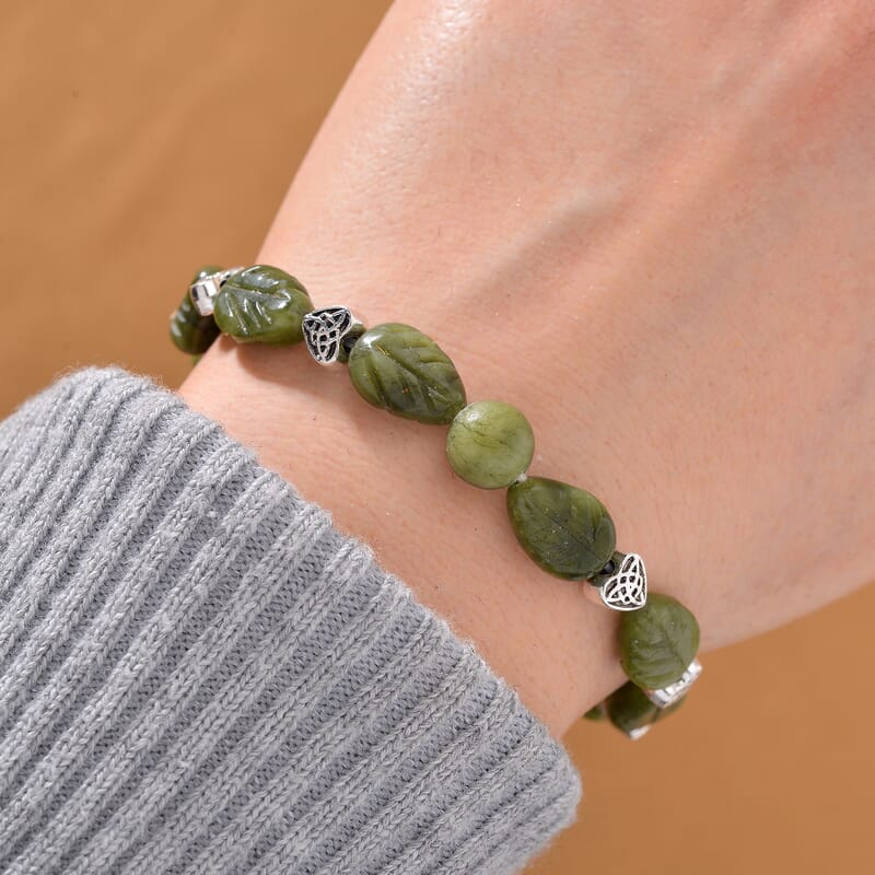 Connemara Marble 50.00 ctw Beaded and Carved Leaf Stretch Bracelet in Silvertone
