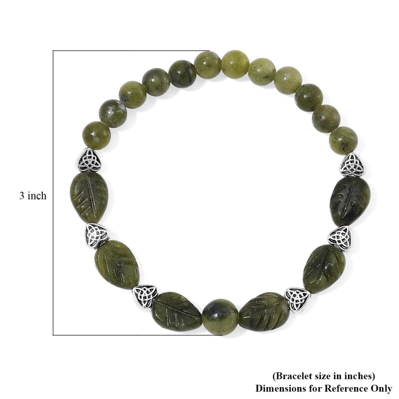 Connemara Marble 50.00 ctw Beaded and Carved Leaf Stretch Bracelet in Silvertone