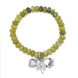 Connemara Marble 97.00 ctw Roundel Stretch Bracelet with Heart, Clover Leaf and Claddagh Charm in Silvertone