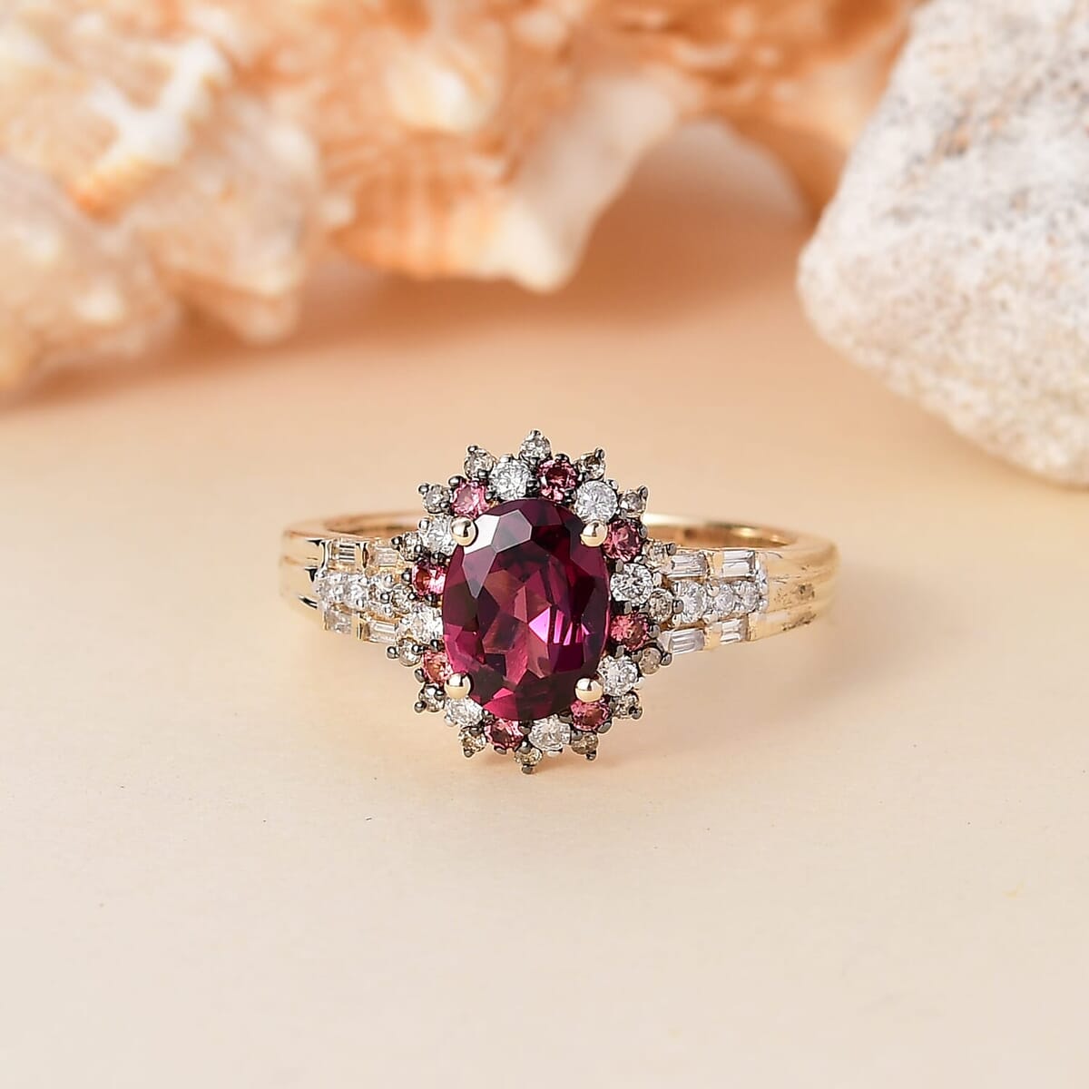 Luxoro AAA Radiant Ember Garnet, Padparadscha Sapphire, Natural Champagne and White Diamond I2 2.10 ctw Royal Bloom Ring in 10K Yellow Gold (Size  5.0) image number 1