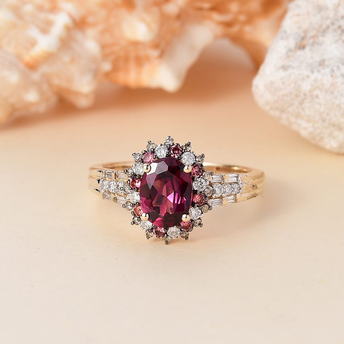 Luxoro AAA Radiant Ember Garnet, Padparadscha Sapphire, Natural Champagne and White Diamond I2 2.10 ctw Royal Bloom Ring in 10K Yellow Gold (Size  7.0) image number 1