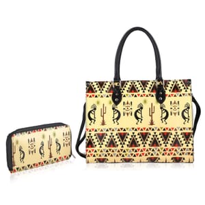 Sukriti Beige Kokopelli Inspiration Prints Handpainted 100% Genuine Leather Tote Bag with Wallet