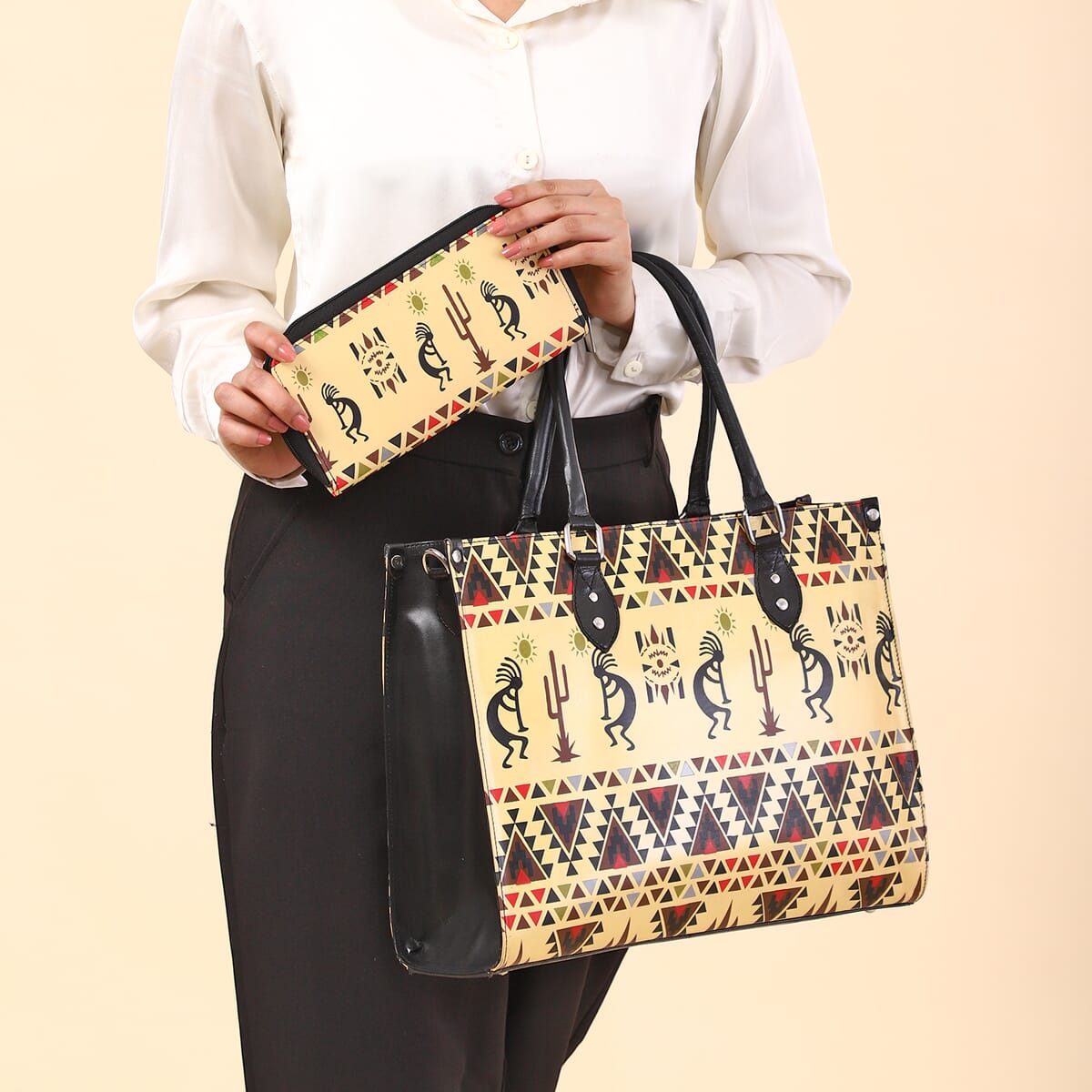 Sukriti Beige Kokopelli Inspiration Prints Handpainted 100% Genuine Leather Tote Bag with Wallet image number 1