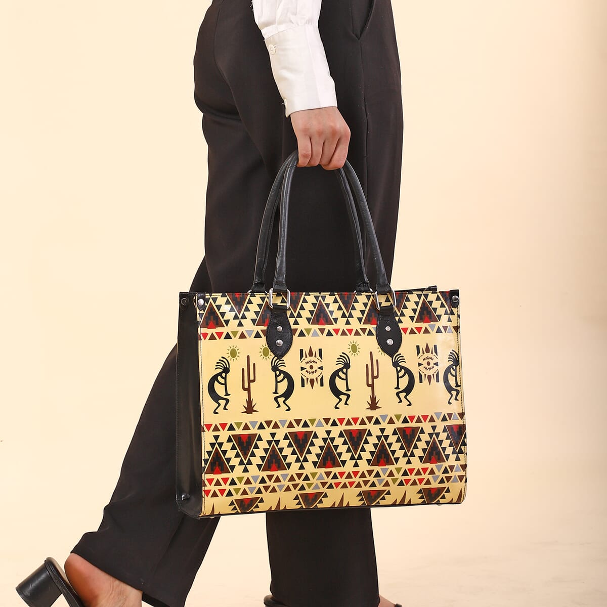 Sukriti Beige Kokopelli Inspiration Prints Handpainted 100% Genuine Leather Tote Bag with Wallet image number 3