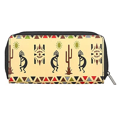 Sukriti Beige Kokopelli Inspiration Prints Handpainted 100% Genuine Leather Tote Bag with Wallet