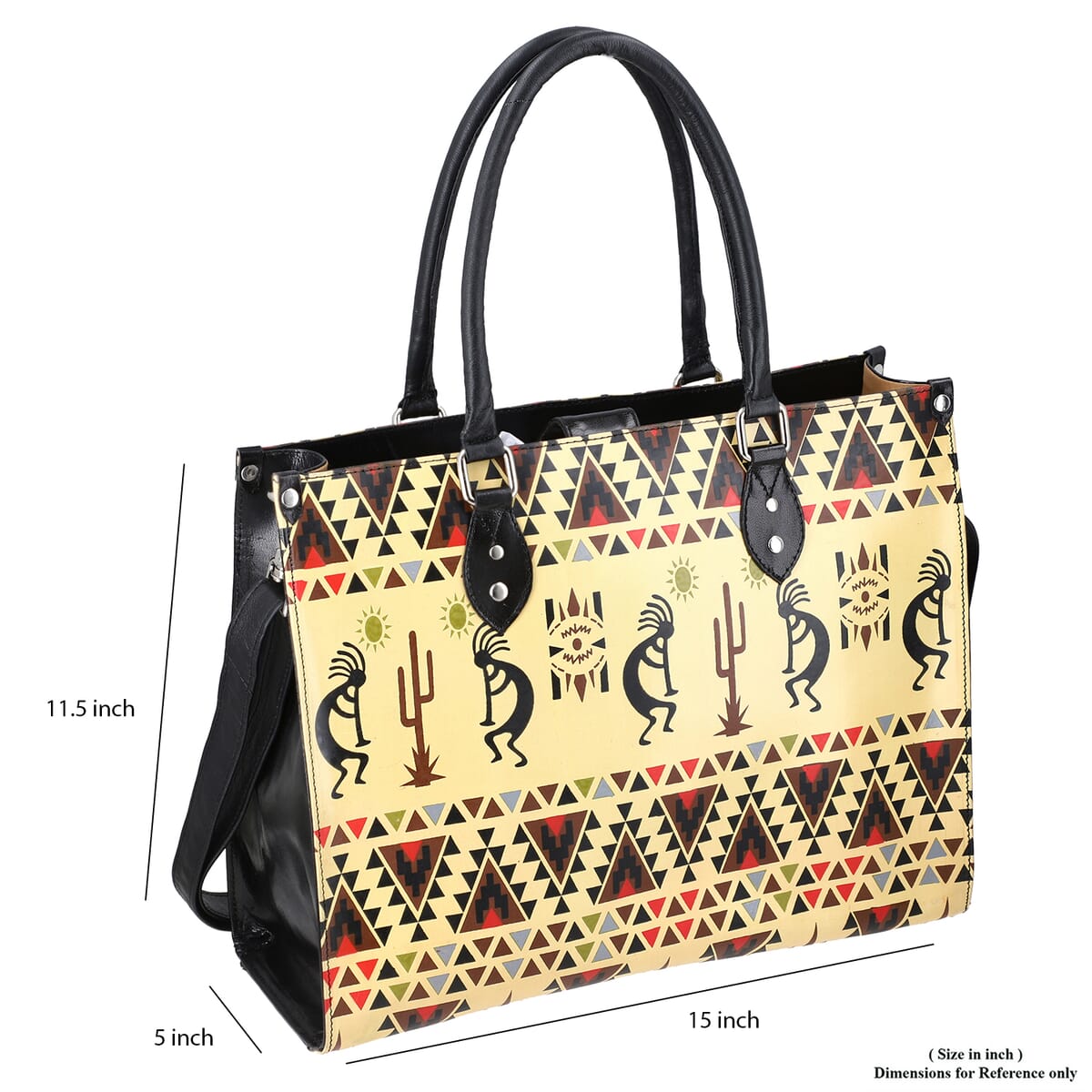 Sukriti Beige Kokopelli Inspiration Prints Handpainted 100% Genuine Leather Tote Bag with Wallet image number 7