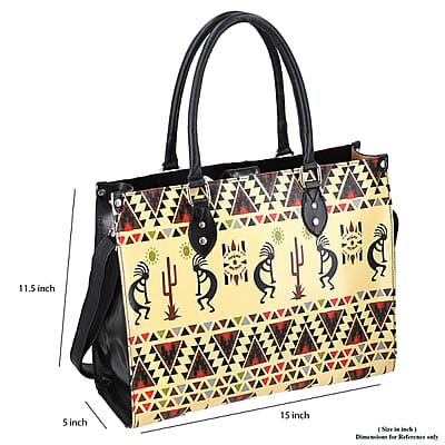 Sukriti Beige Kokopelli Inspiration Prints Handpainted 100% Genuine Leather Tote Bag with Wallet