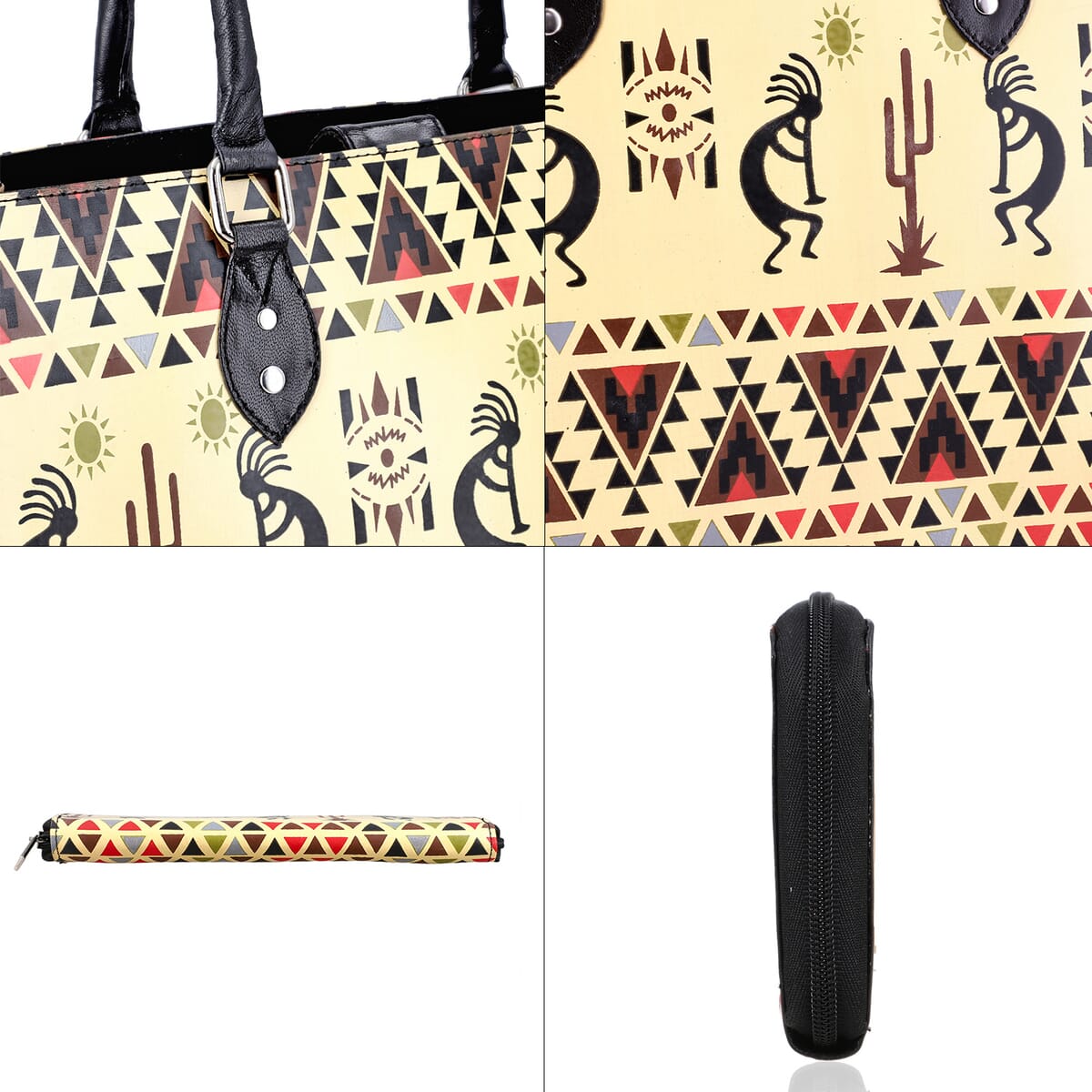 Sukriti Beige Kokopelli Inspiration Prints Handpainted 100% Genuine Leather Tote Bag with Wallet image number 8