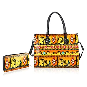 Sukriti Orange Kokopelli Inspiration Prints Handpainted 100% Genuine Leather Tote Bag with Wallet