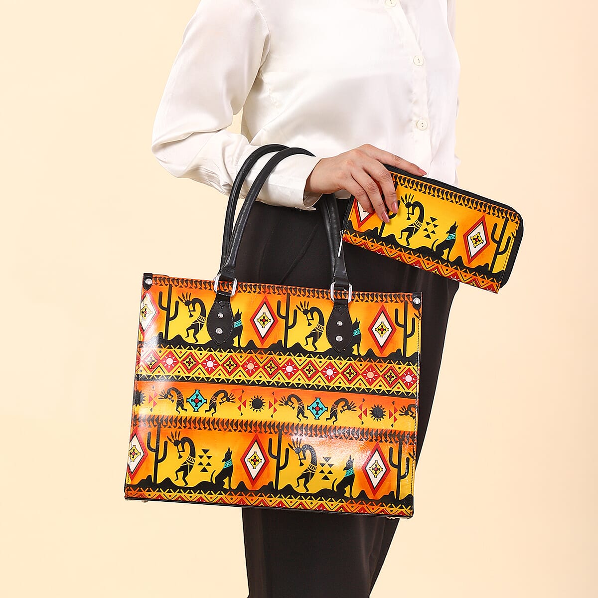 Sukriti Orange Kokopelli Inspiration Prints Handpainted 100% Genuine Leather Tote Bag with Wallet image number 1