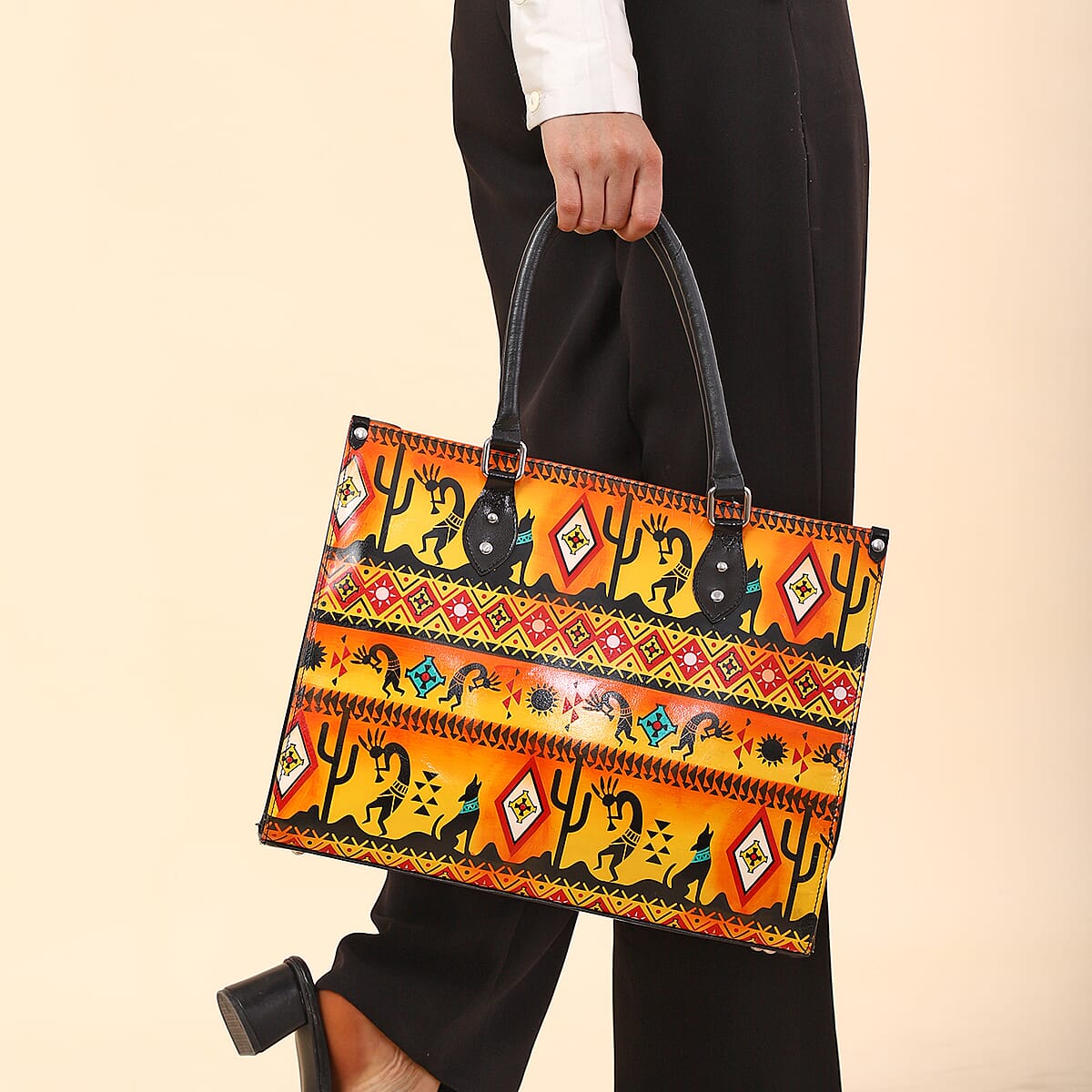 Sukriti Orange Kokopelli Inspiration Prints Handpainted 100% Genuine Leather Tote Bag with Wallet image number 2